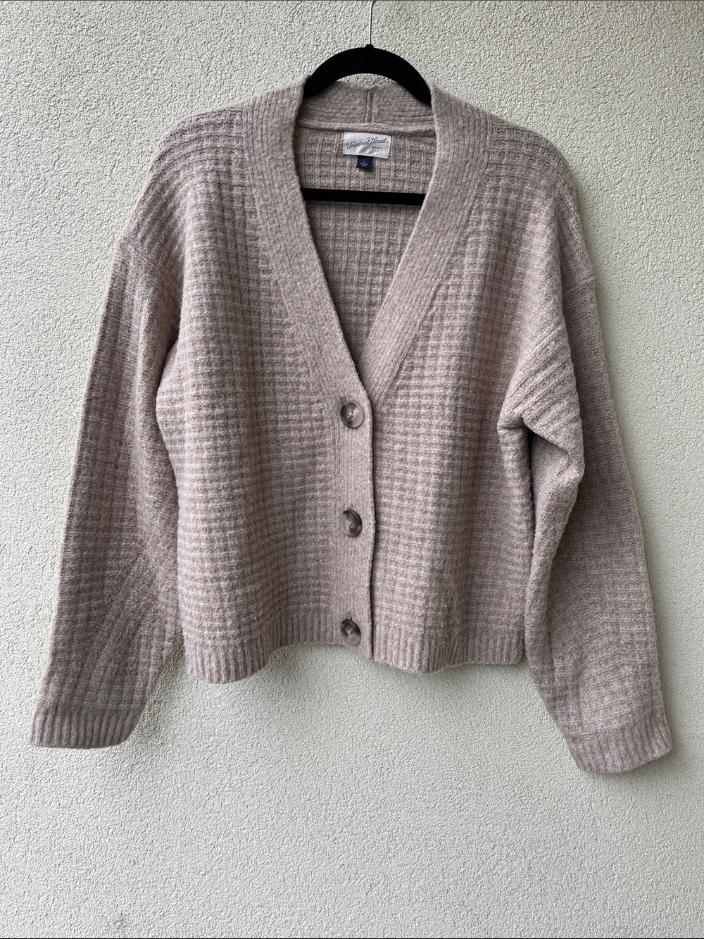 Boxy Cropped Waffle Cardigan - Beige